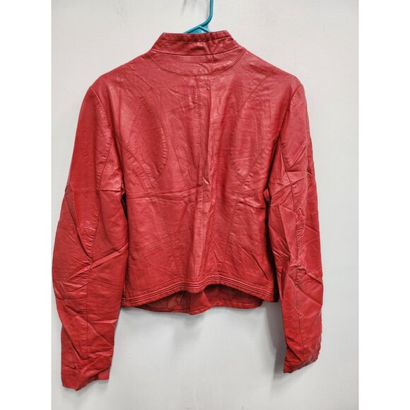 DKNY Womens Moto Jacket Large Red Faux Leather Zip Front Biker Chick Streetwear - Picture 6 of 7